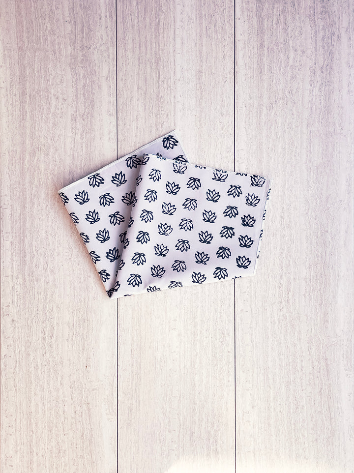 Pocket Square - Gray Cotton with Baby Lotus, Black