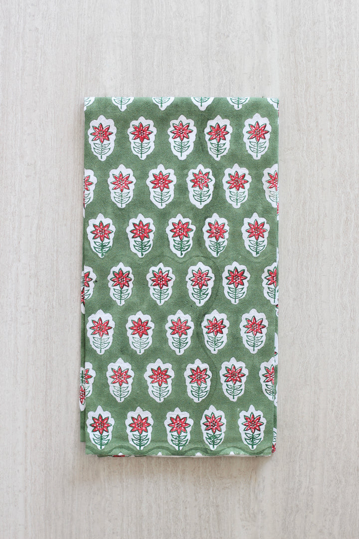 Tea Towel - Poinsettia, Sage & Red