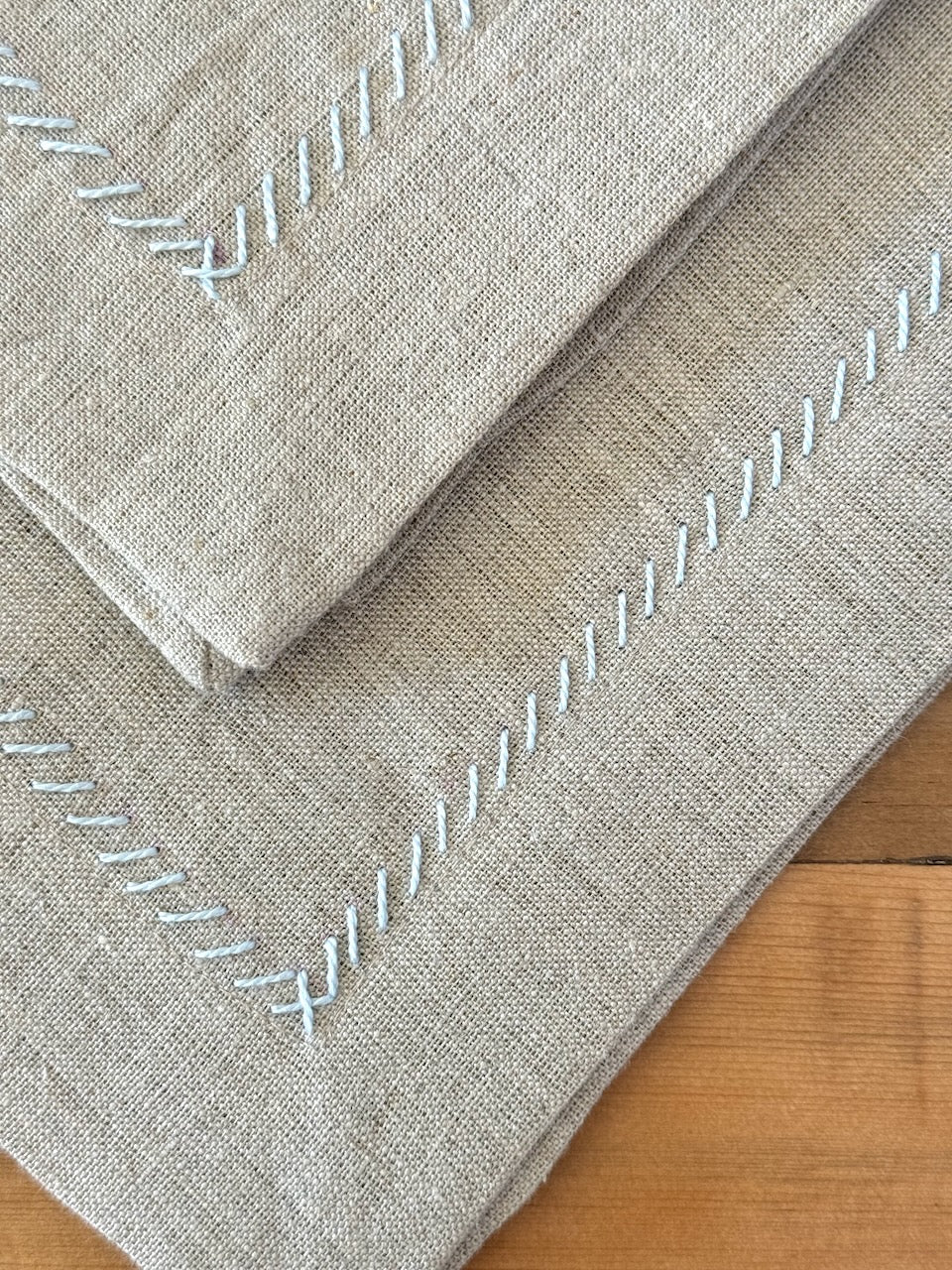 Dinner Napkins (set of 2) - Flax Linen, Light Blue Embroidery