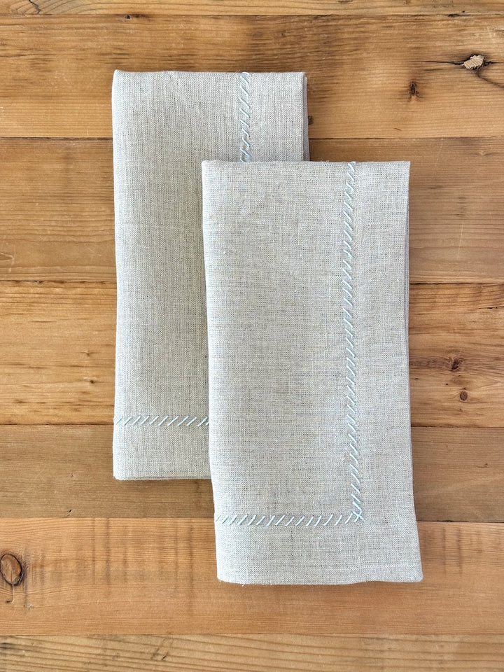 Dinner Napkins (set of 2) - Flax Linen, Light Blue Embroidery