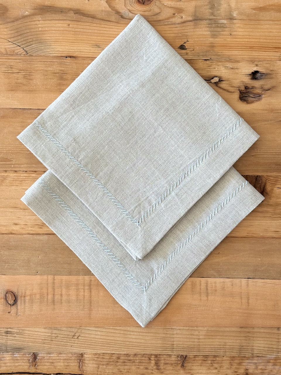 Dinner Napkins (set of 2) - Flax Linen, Light Blue Embroidery