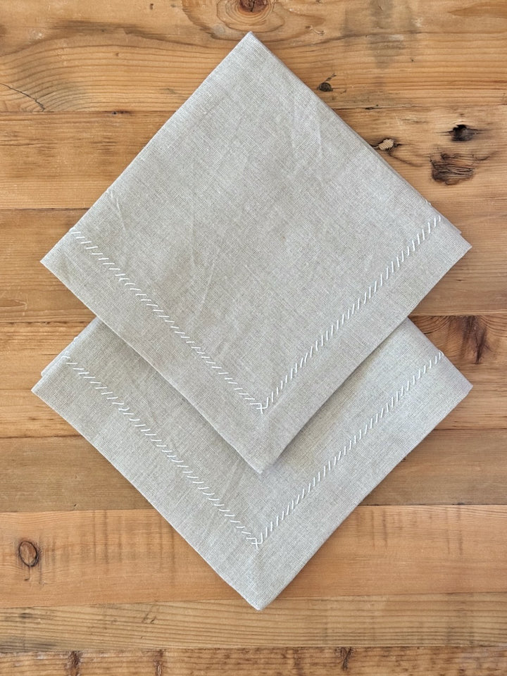 Dinner Napkins (set of 2) - Flax Linen, White Embroidery