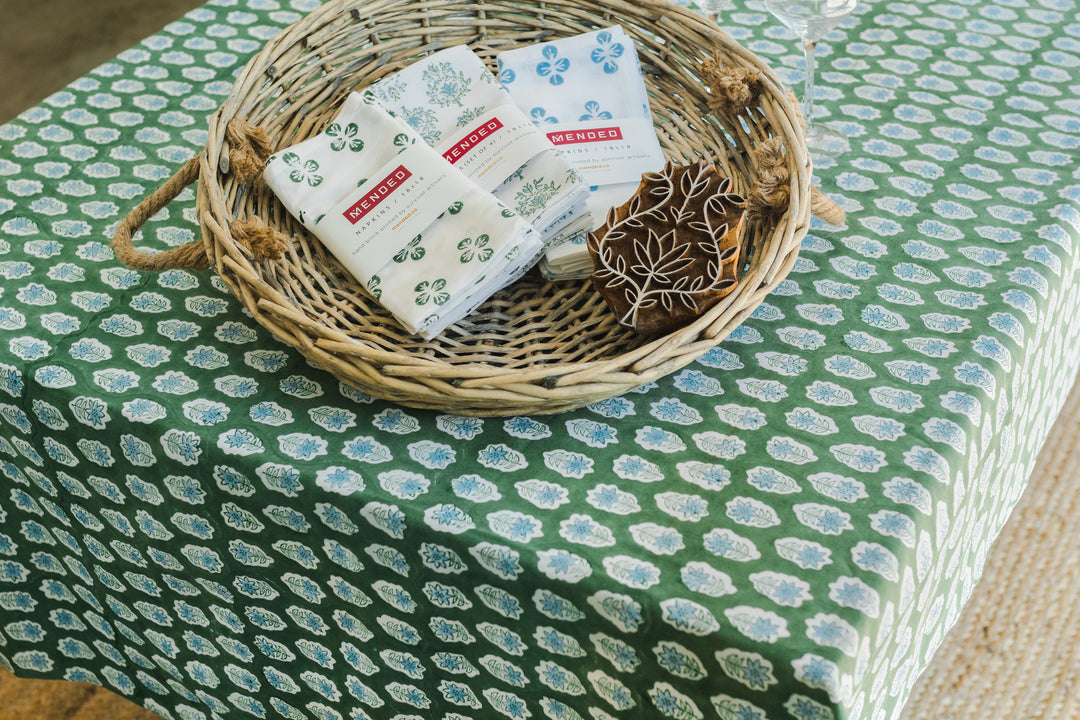 Tablecloth - Poinsettia, Sage & Uniform Blue