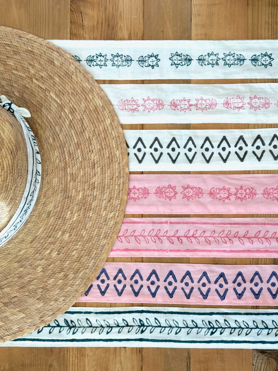 Voile Ribbon - Pale Pink - Aztec Border, Navy