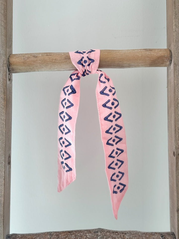 Voile Ribbon - Pale Pink - Aztec Border, Navy