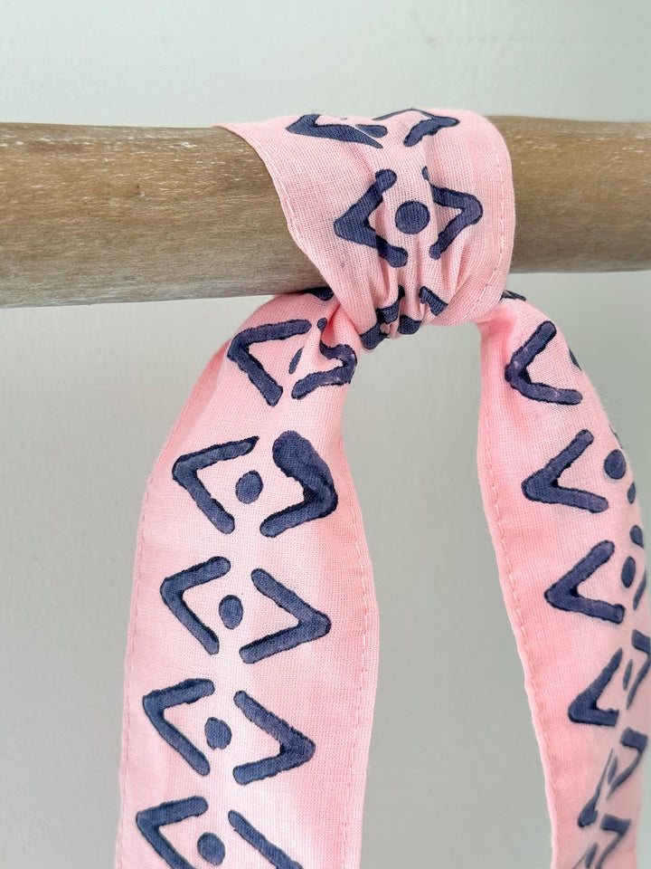 Voile Ribbon - Pale Pink - Aztec Border, Navy