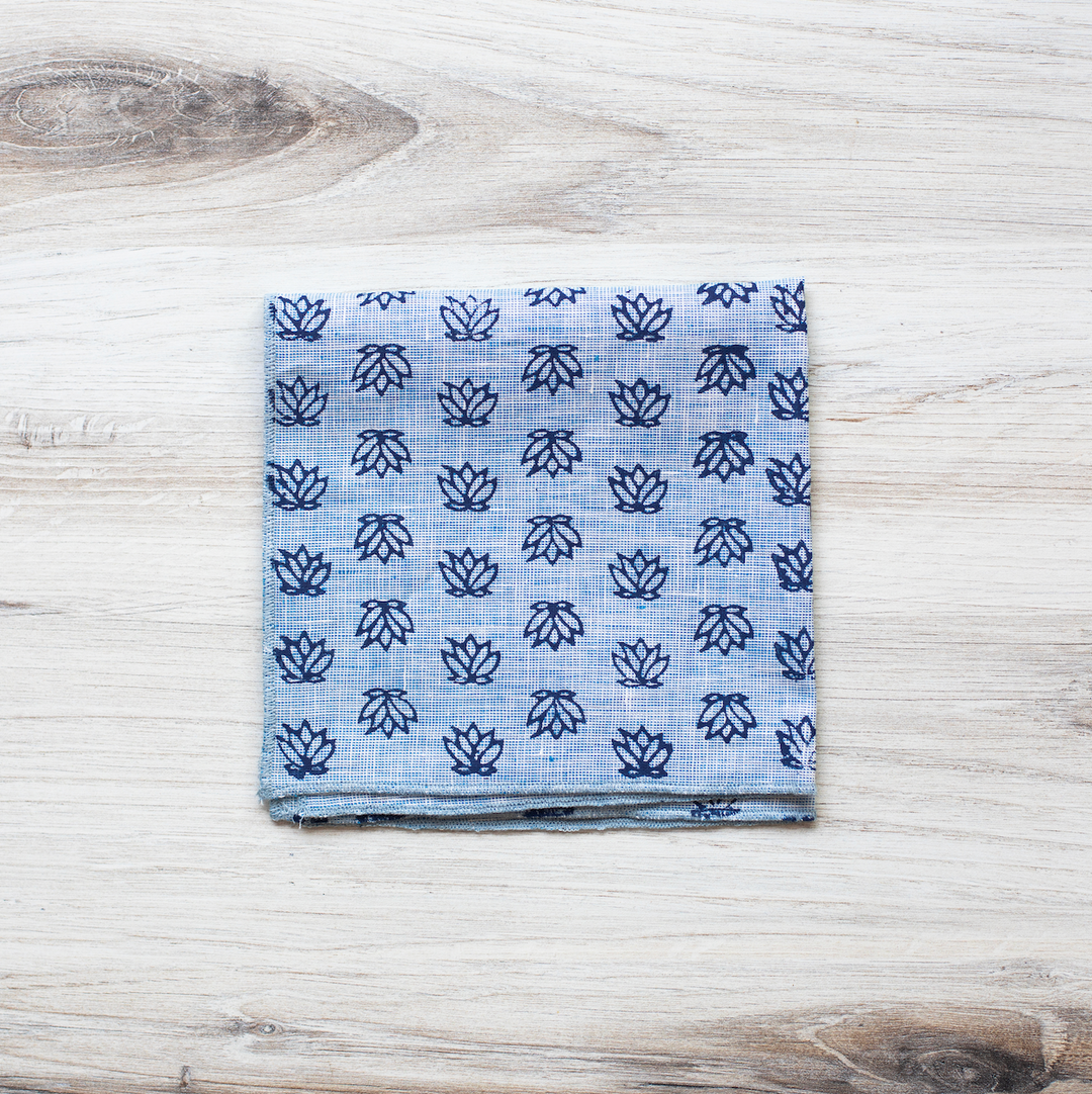 Pocket Square - Denim Linen with Baby Lotus, Navy