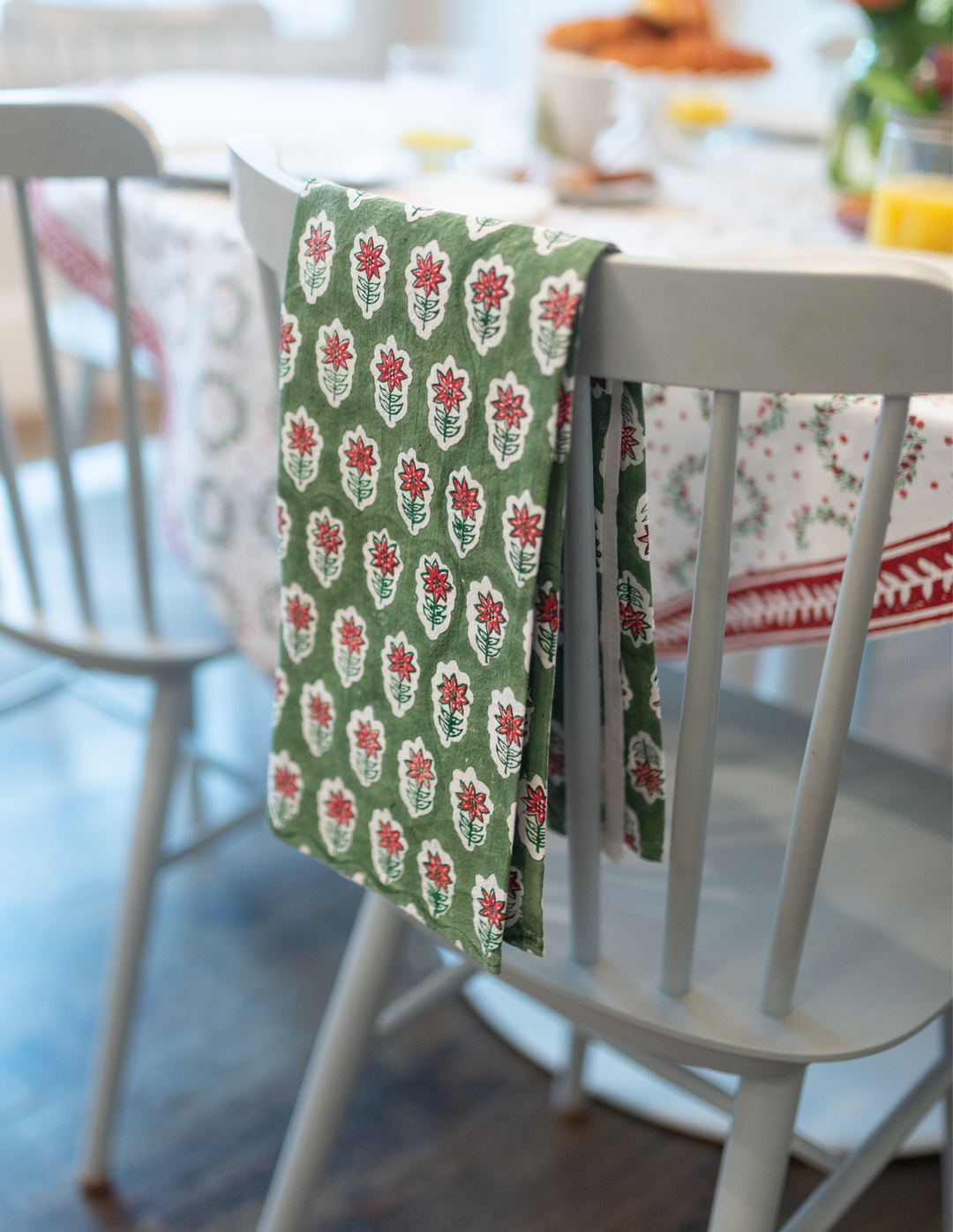 Tea Towel - Poinsettia, Sage & Red