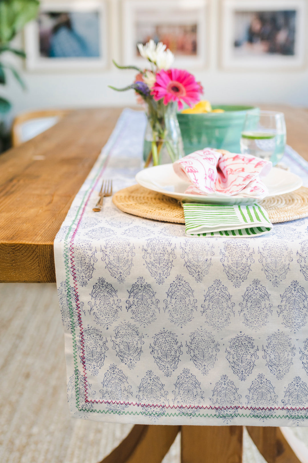 Table Runner - Vara, Navy with Pink & Green Stitching