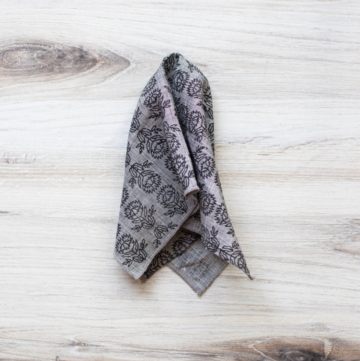 Pocket Square - Gray Linen with Protea, Black