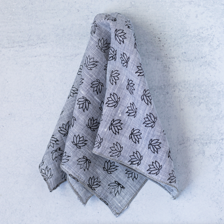 Pocket Square - Gray Linen with Baby Lotus, Black