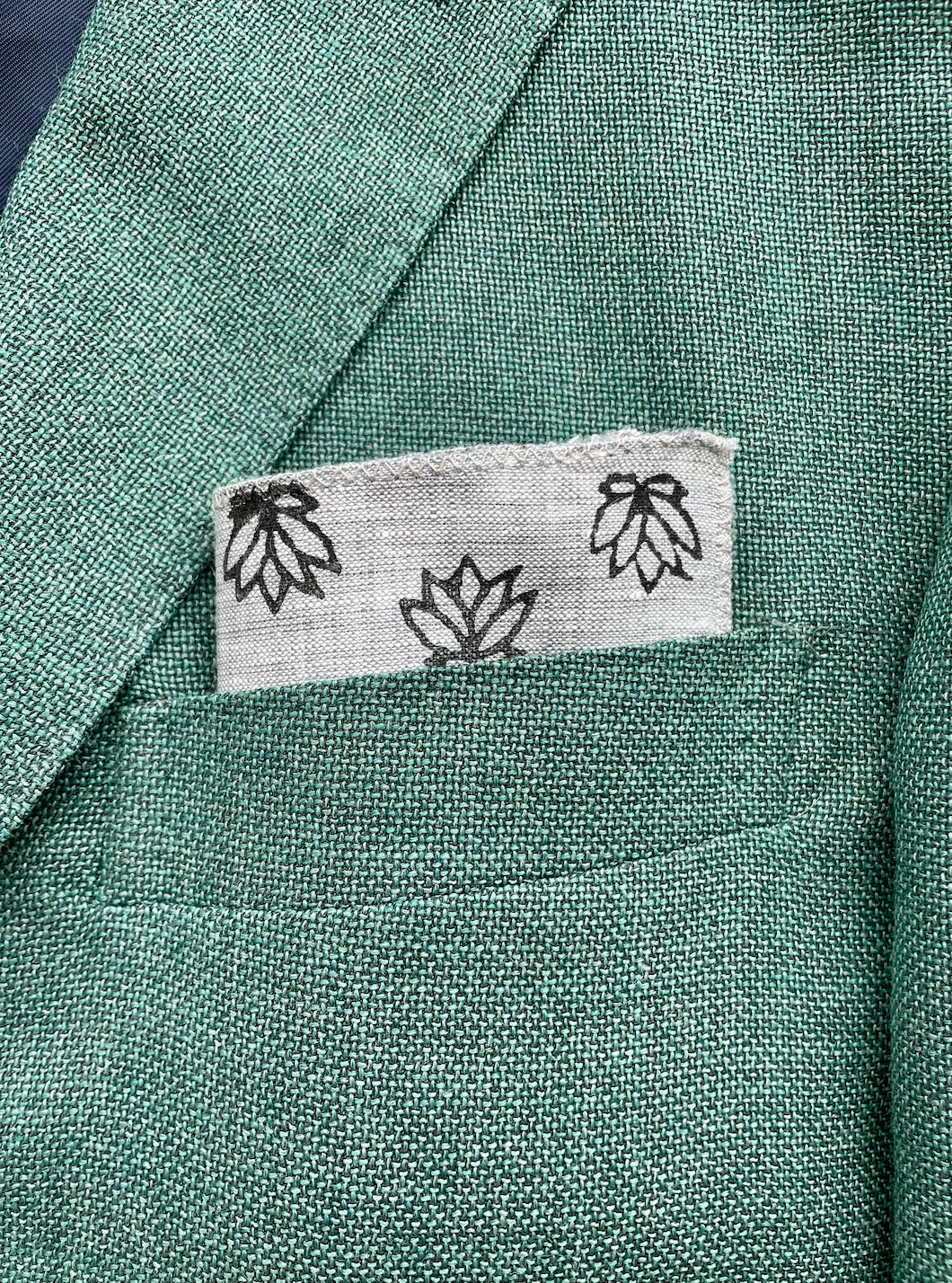 Pocket Square - Gray Linen with Baby Lotus, Black